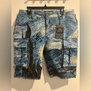 Rebel Vengeance Starry Night Cargo Tapestry Shorts Frayed Hem Art Mens Size 34
